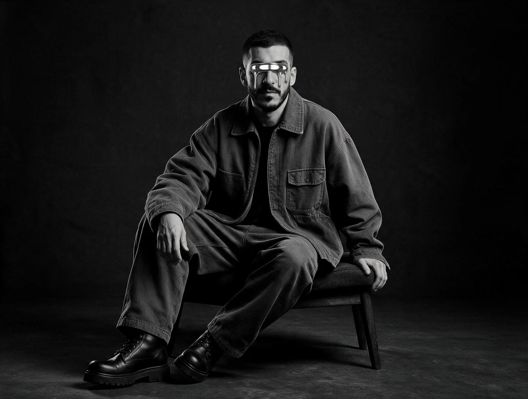 Rayim Clay seated in a dark studio, eyes sealed behind a mirrored band of molten chrome. Black and white.